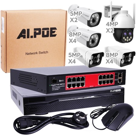 NVR 16 canales + camaras 2x4MP/6x5MP/8x8MP  + Switch de 16 puertos POE
