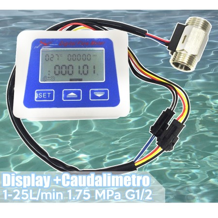 Caudalimetro 1 a 25L/min y temperatura rosca G1/2 acero inoxidable con display
