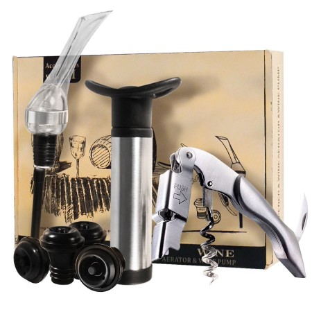 set de 3 accesorios de vino, vertedor, bomba vacio y abridor